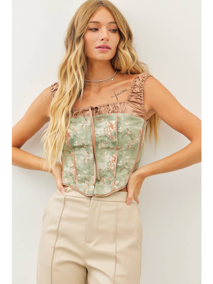 OLIVE ELEGANT FLORAL SATIN COLOR-BLOCK BUSTIER TOP for wholesale on Faire