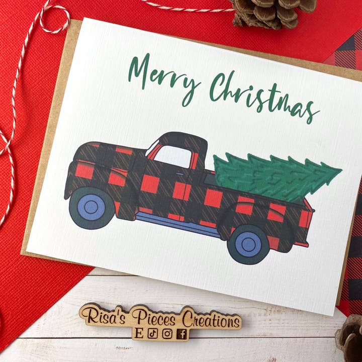 Red Plaid Truck Card (Set of 5) - Linen texture or Glossy for wholesale by Risa’s Pieces Creations