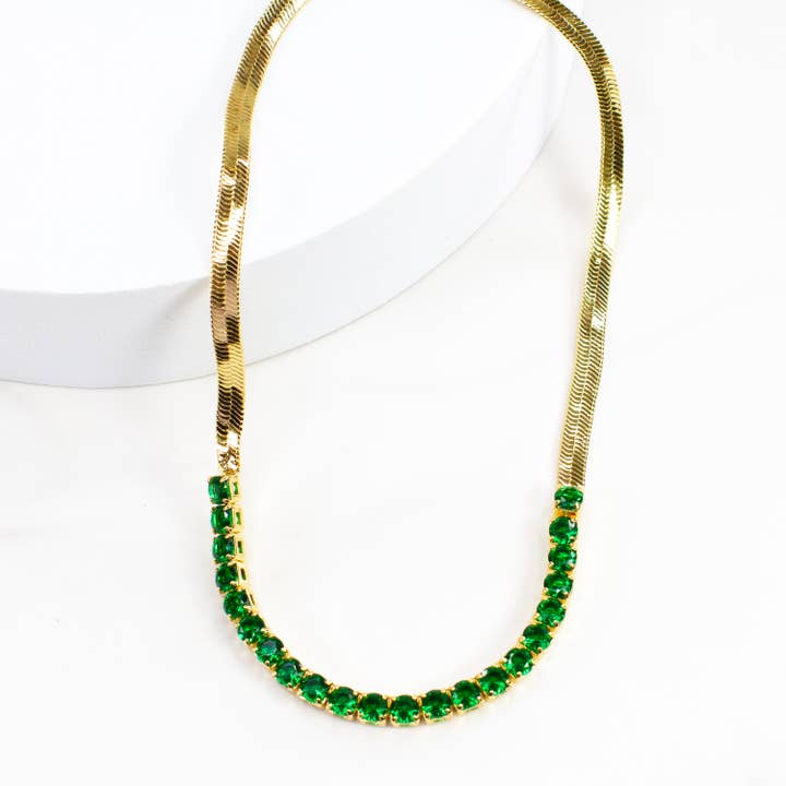 Savvy Bling - Wholesale Link & Chain Necklace - Herringbone Green CZ Necklace