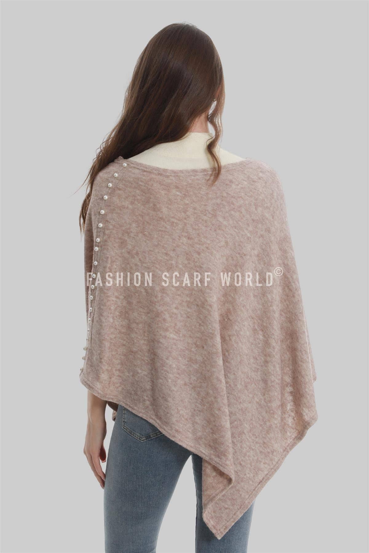 Fashion Scarf World - Wholesale Poncho - Women's - Plain Wool Knit Poncho With Pearl Detailing5