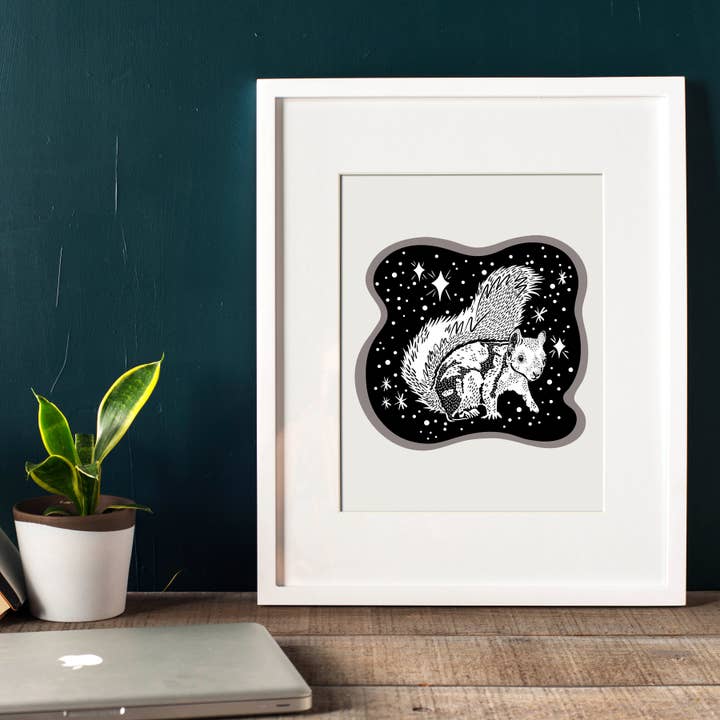 Starfangled Press - Wholesale Art Print - Cosmic White Squirrel Screenprint1