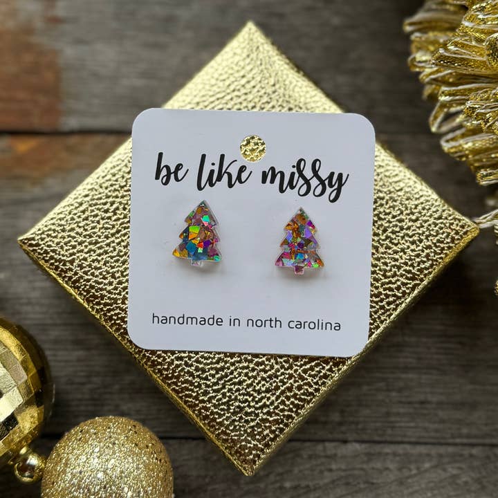 Christmas Tree Earrings - Disco Glitter Studs for wholesale by Be Like Missy