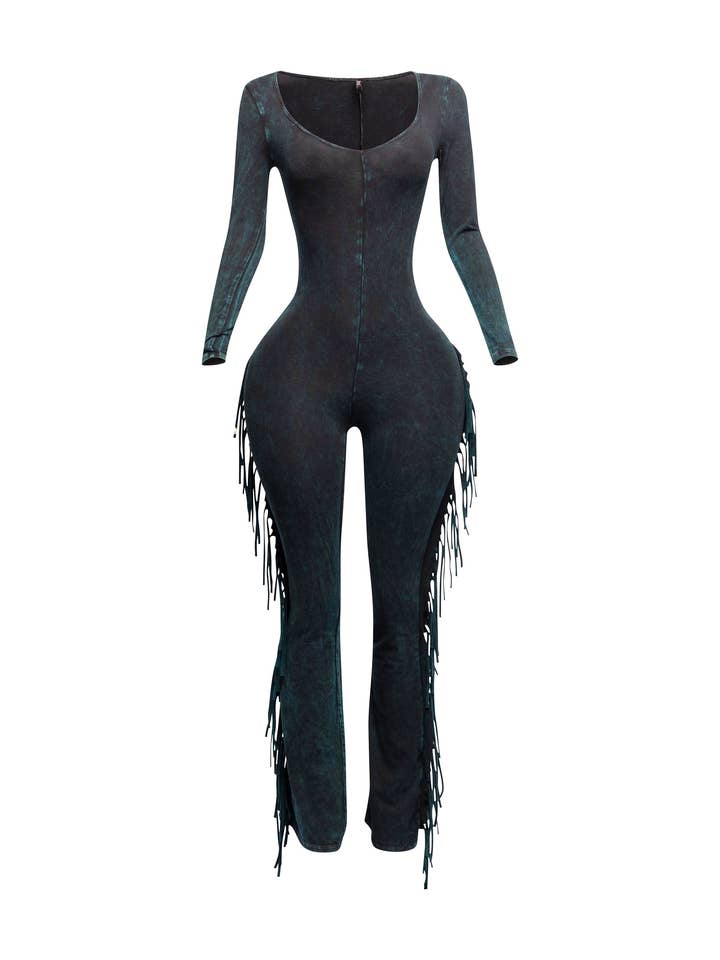 Mineral washed fringed jumpsuit for wholesale by K Too