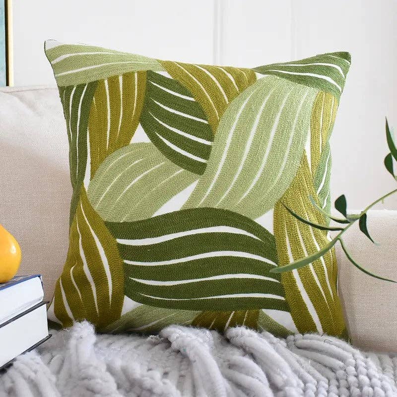 Pure Cotton Green Leaves Pattern Embroidery Cushion Cover 45x45cm (18 x 18 Inches) for wholesale on Faire