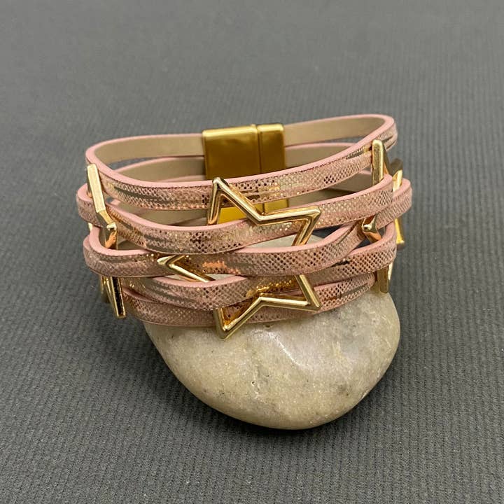 Mio Queena - Wholesale Bangle Bracelet - Triple Star Multi-Layer PU Leather Magnetic Buckle Bracelet - LB4