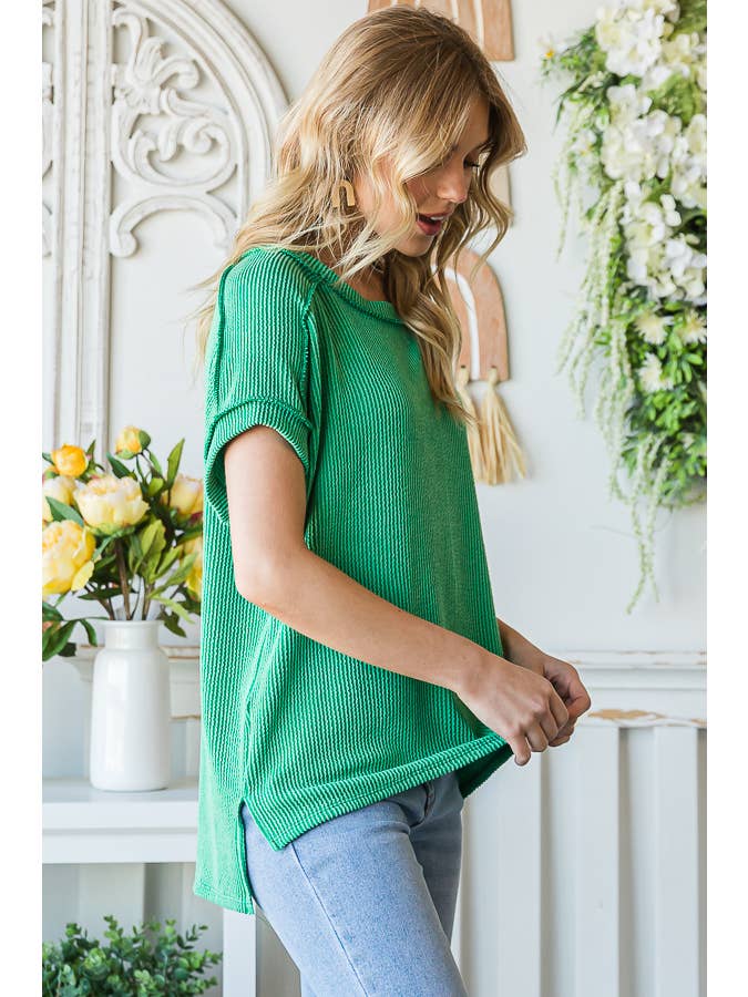 7th Ray - Wholesale Tunic - Women's - Solid Rib Drop Shoulder Side Slit Short Sleeve Top T5160