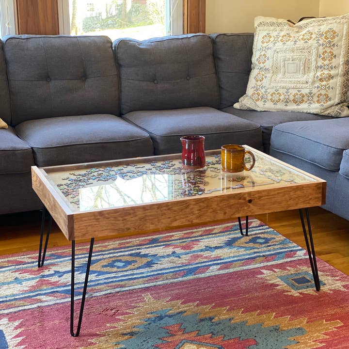 Charles River Woodworks - Wholesale Coffee Table - Rustic Puzzle Coffee Table with removable glass top - includes 2 hidden drawers - 24x36"4