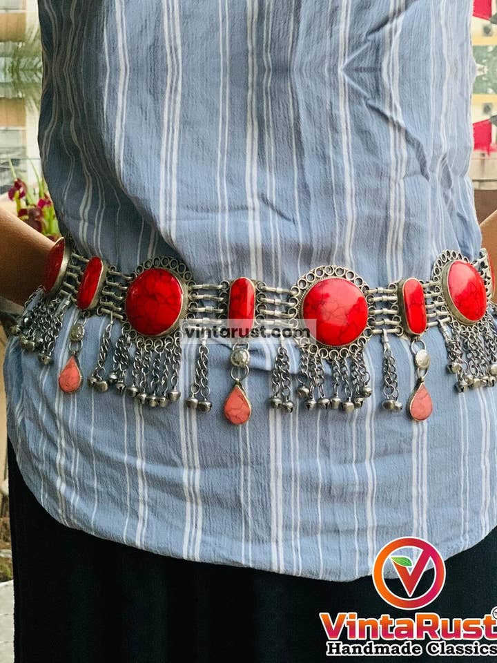 Cinturón de danza del vientre Coral Stone, cinturones de piedra afgana para venta al por mayor de vintarust