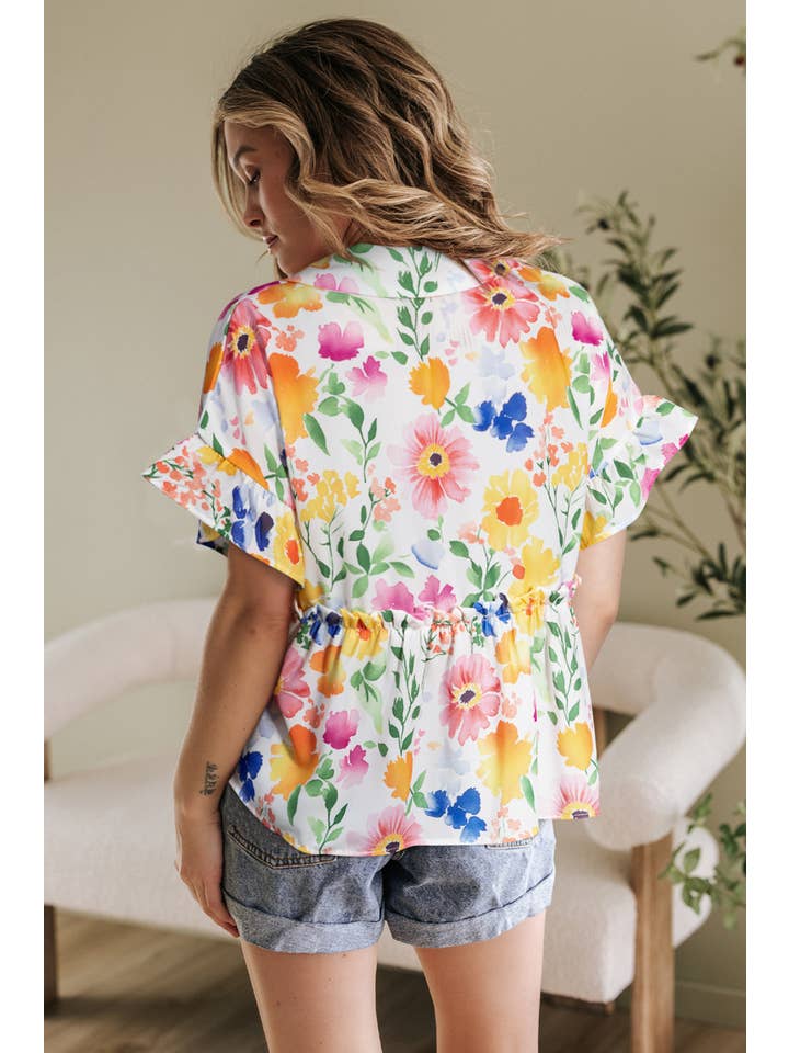 1 the Woman - Wholesale Blouse - Women's - Floral Boxy Fit Ruffled Short Sleeve V Neck Blouse