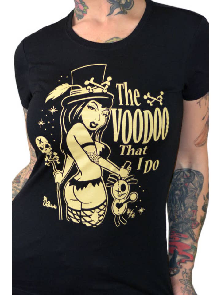 Black Cream THE VOODOO THAT I DO Women's Graphic Tee for wholesale on Faire