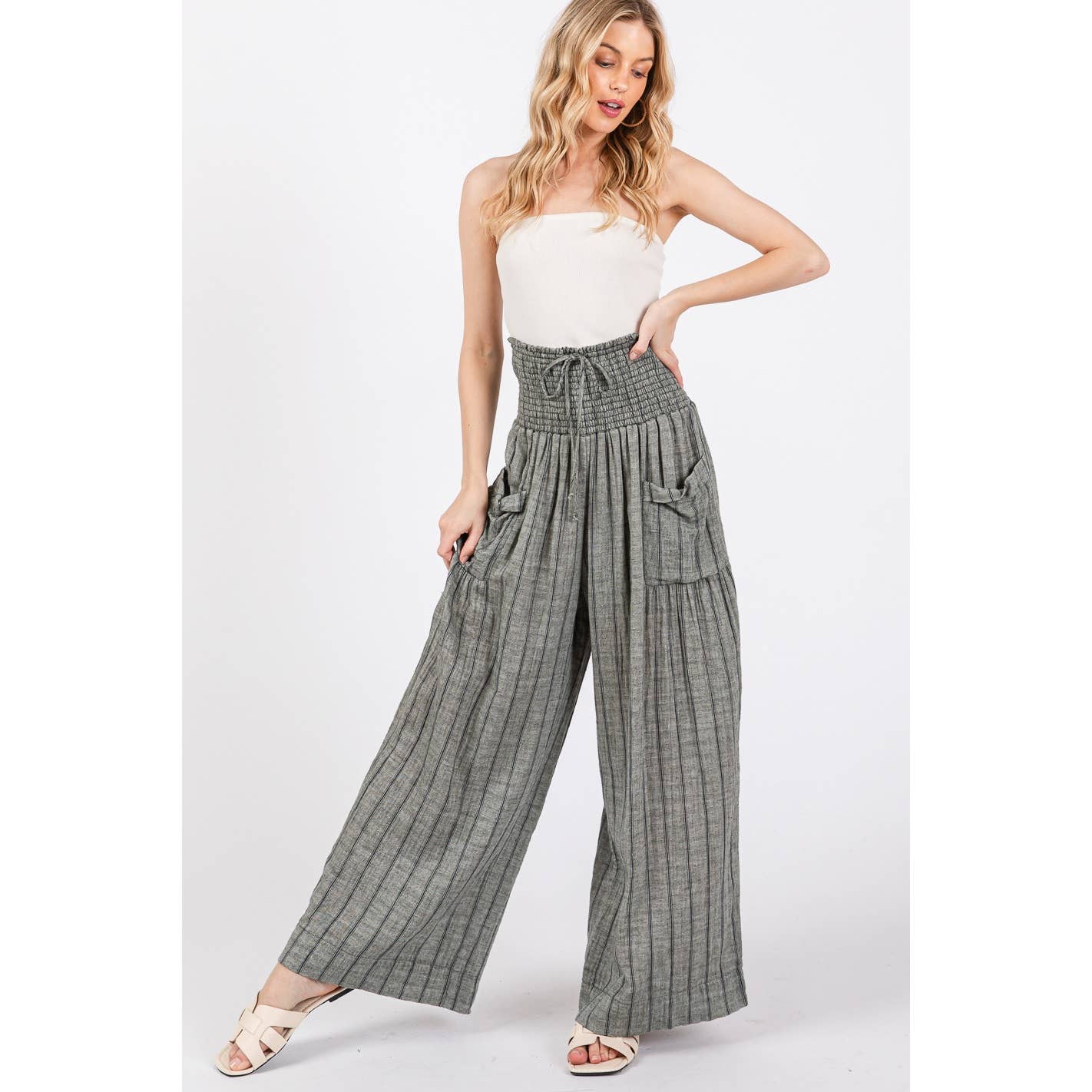 Sage + Fig - Wholesale Pants - Women's - STRIPED SMOCKED BOHO COTTON GAUZE PANTS (SP7105-A)4