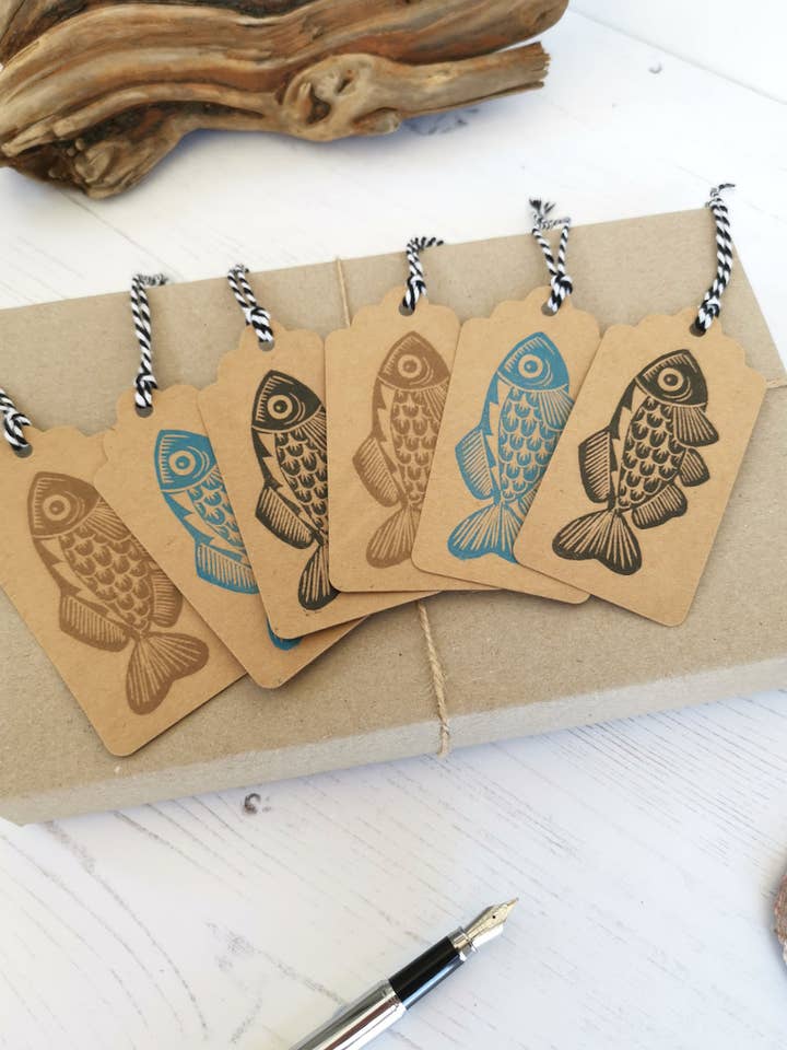 6pk hand printed Fish gift tags / present tags for gift wrap for wholesale by Jackdaw and Bear