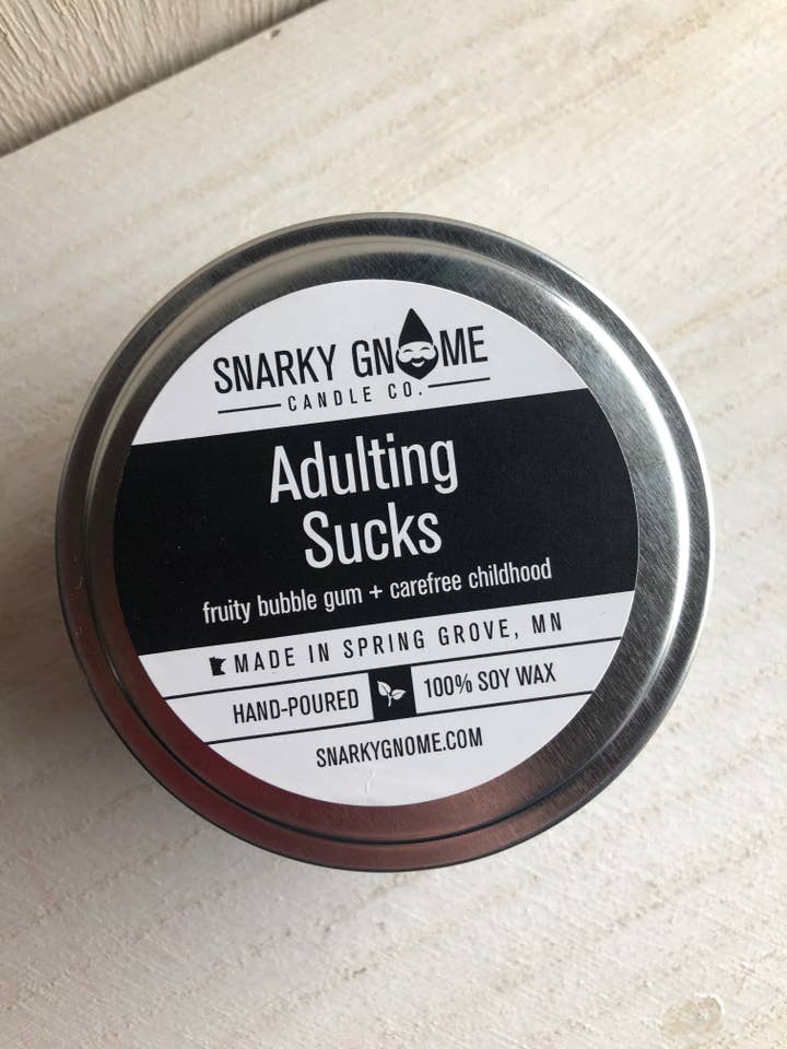 ADULTING SUCKS Snarky 8 oz. Soy Candle Tin for wholesale by SNARKY GNOME