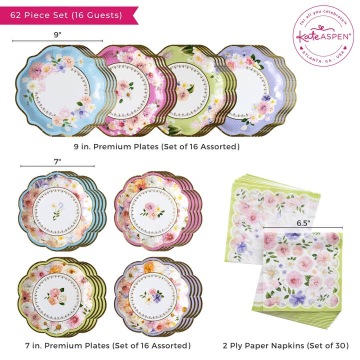 Kate Aspen - Wholesale Disposable Tableware Pack - Tea Time Party 78 Piece Party Tableware Set (16 Guests)
