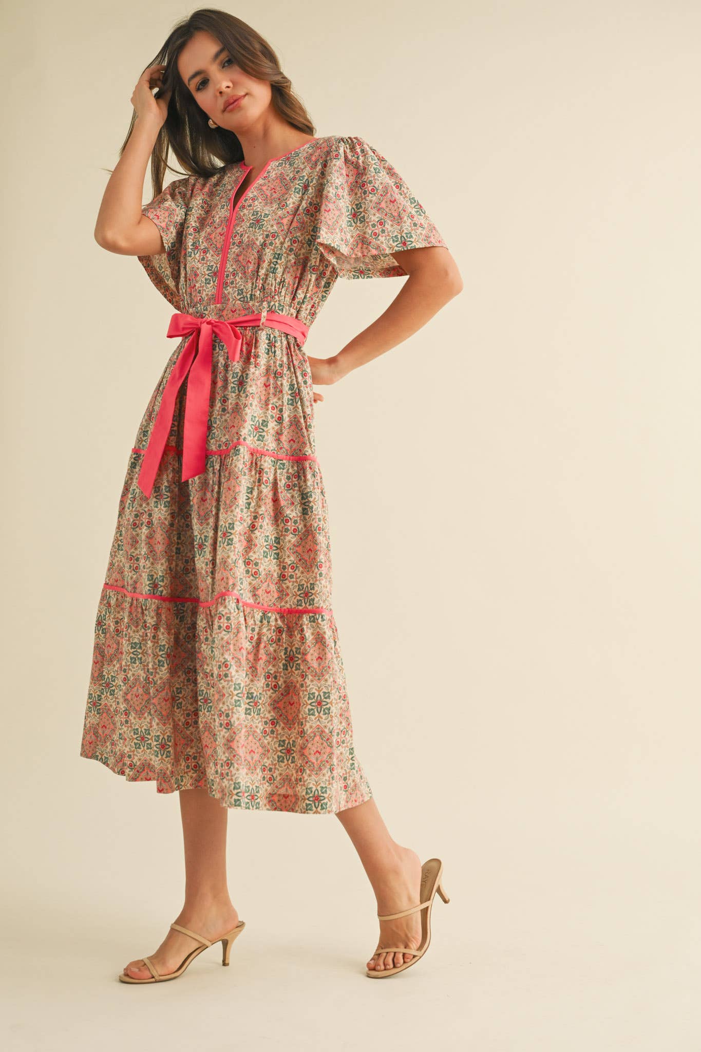 &MERCI - Vente Robe – femme - ROBE MIDI IMPRIMÉE À LIENS CONTRASTÉS MDR38218