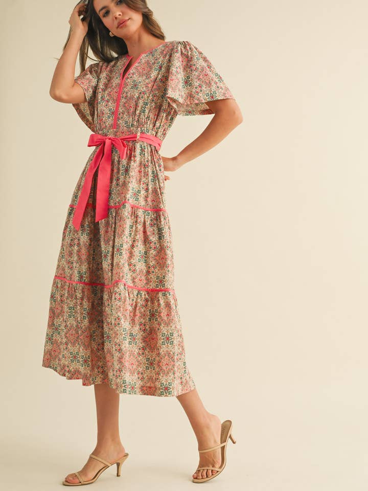 &MERCI - Vente Robe – femme - ROBE MIDI IMPRIMÉE À LIENS CONTRASTÉS MDR38218