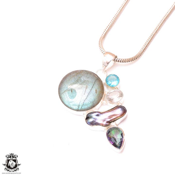 Labradoriet parelhanger van AAA-kwaliteit en 3 mm Italiaanse ketting P9618 voor wholesale door SARAH DESIGNS JEWELRY