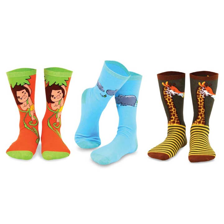 Tarzanimals Fun Silly Colorful Cartoon Animal Safari Jane Tarzan Crew Socks for wholesale by DoodleUS Inc