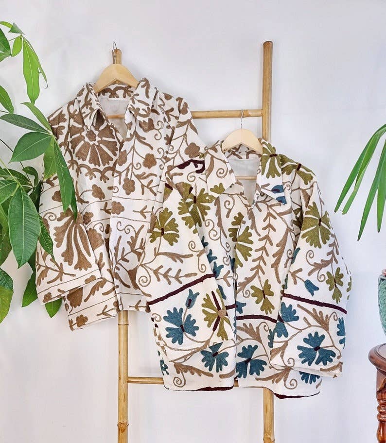 Essential Designs London – wholesale Jacket – Women's – Suzani Hand Embroidered Short Jacket | Autumn Winter Boho Uzbek Kashmir Crewel | Christmas Special Gift | Classic ElegantWhite Olive Teal0