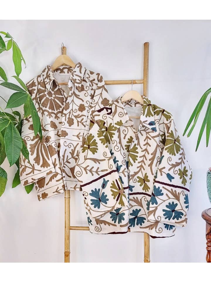 Essential Designs London – wholesale Jacket – Women's – Suzani Hand Embroidered Short Jacket | Autumn Winter Boho Uzbek Kashmir Crewel | Christmas Special Gift | Classic ElegantWhite Olive Teal