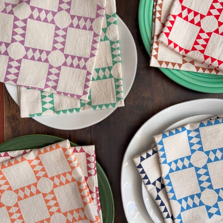 Hand Printed Flour Sack Napkins - Triple Diamond Quilt for wholesale by Bright Beige