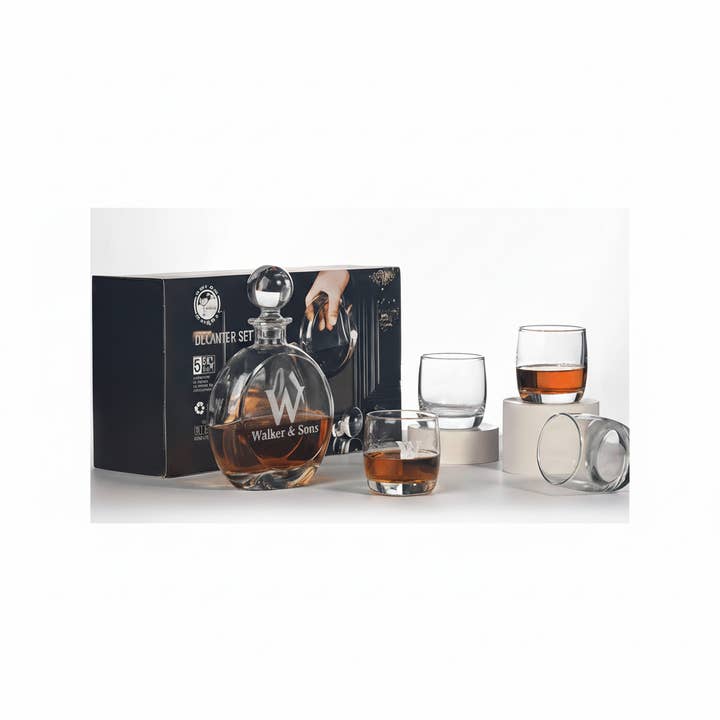 9th Letter Press - Wholesale Decanter - Round Etched Whiskey Decanter Gift Set3
