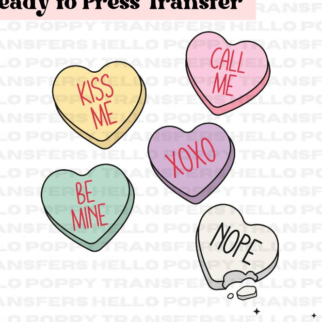 Transfert DTF polychrome Conversation Hearts pour la Saint-Valentin pour la vente par Hello Poppy Transfers