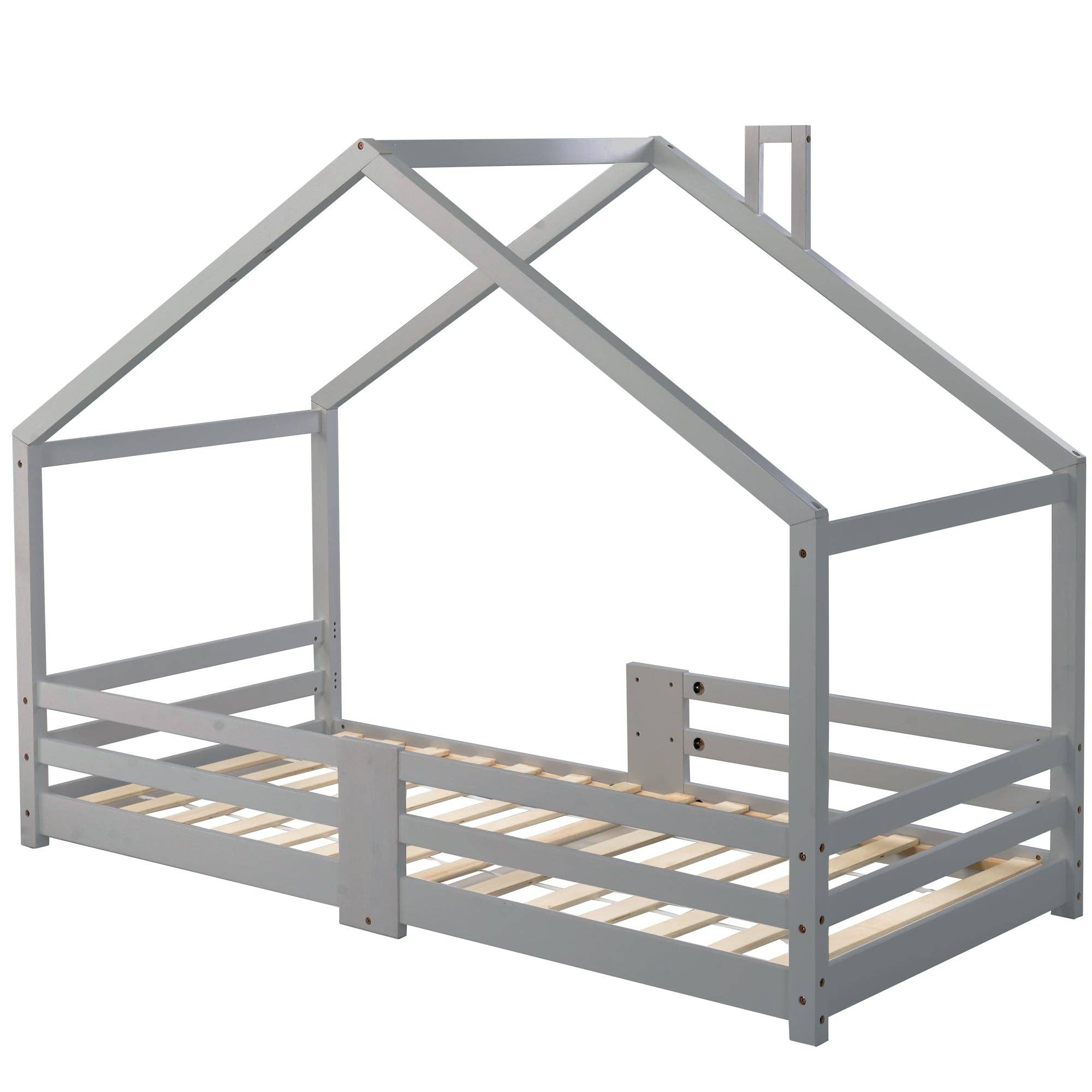 Urban Meuble - Vente Lit – enfant et bébé - Lit enfant lit cabane avec cheminée sommier à lattes robuste lit cabane en bois de pin gris, 90 x 200 cm sans matelas STRONS3