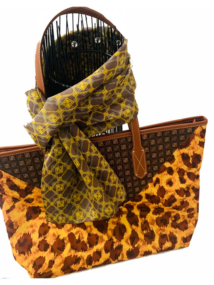 Leopard Pattern on Brown Tote Bag, Matching Silk Scarf for wholesale by Pangborn Collection