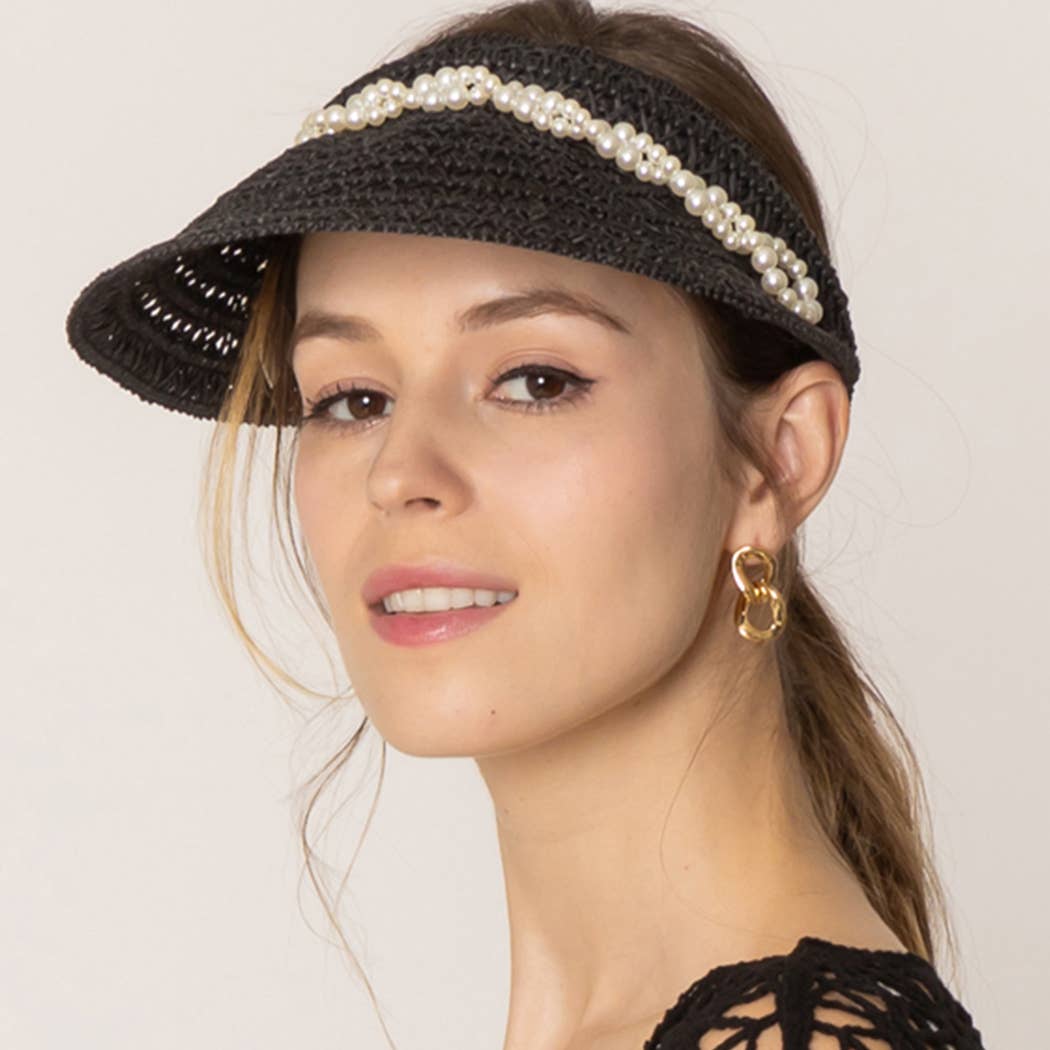 Fashion City – wholesale Visor – Women's – Straw Sun Visor with Twisted Pearl Band1
