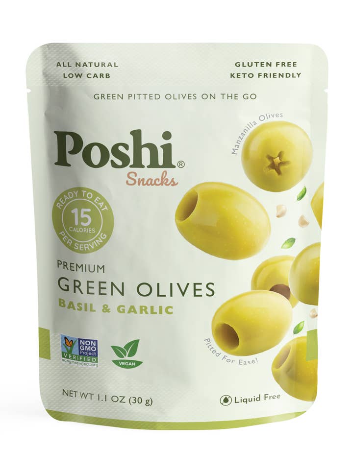 Poshi Snack - Basil & Garlic Pitted Green Olives 1.1oz/10ct for wholesale by POSHI