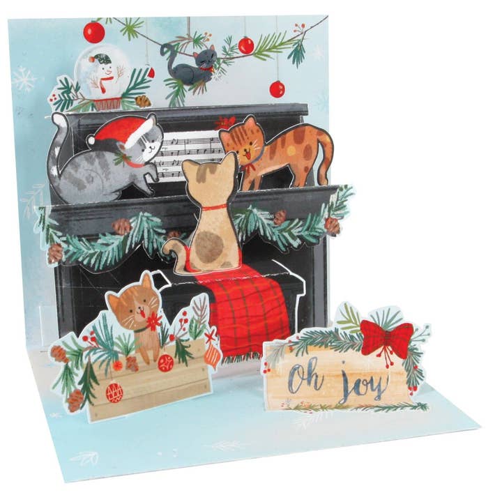 Pop Up 3D julekort med skattekiste og katte ved klaveret for engroshandel hos Popshots Studios