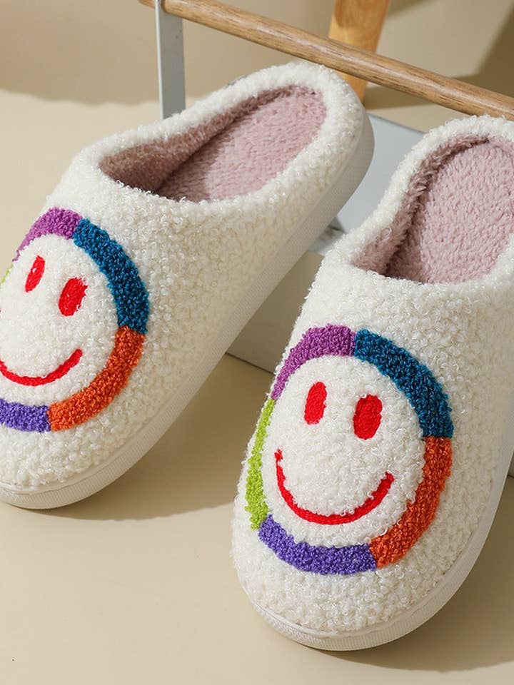 White Colorful Smiley Face Winter Cotton House Slippers for wholesale on Faire1