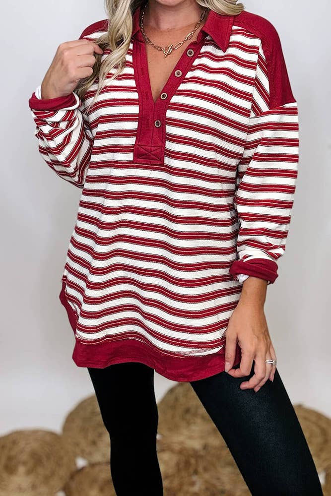 UNISHE - Wholesale Blouse - Women's - Oversized Striped Fleece Pullover Stand Collar Top CY1678