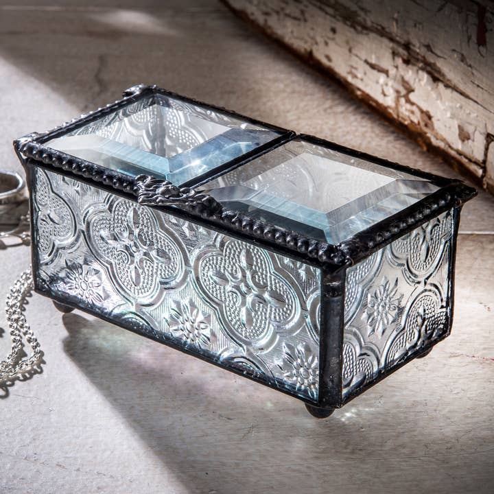 J Devlin Glass Art & Bert Anderson Collection - Wholesale Decorative Box - Clear Vintage Stained Glass Keepsake Decorative Box 294