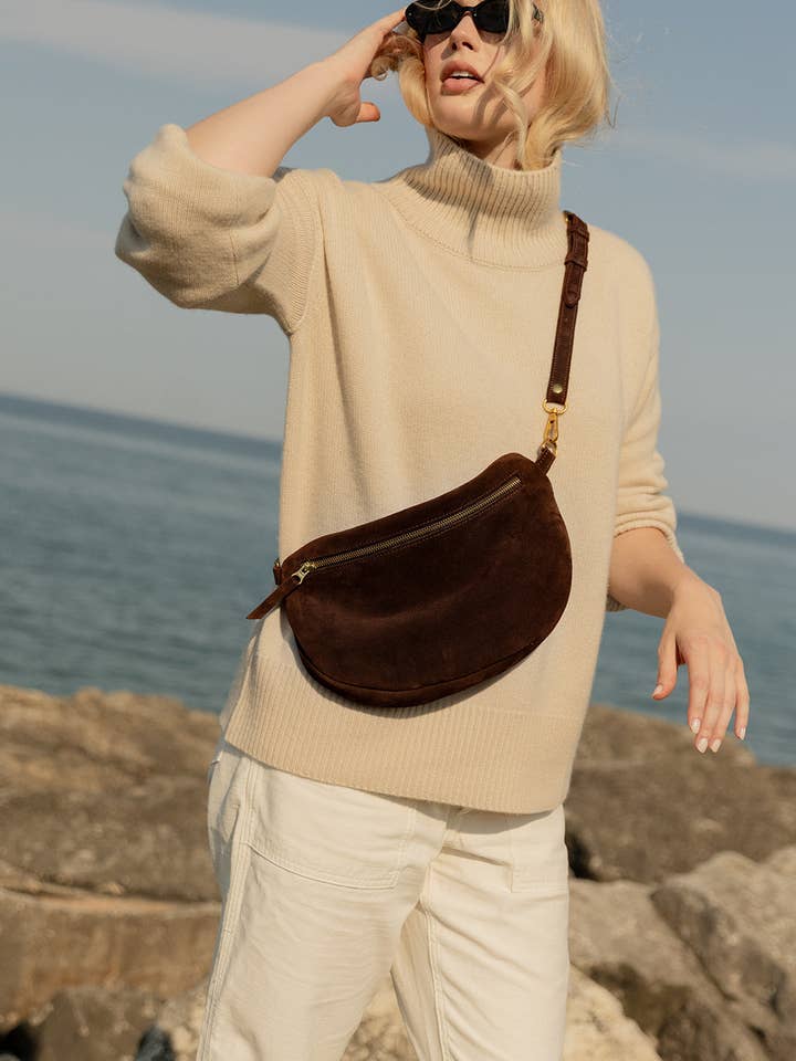 The Big Sling Bag, Chocolate Suede for wholesale by ABBY ALLEY