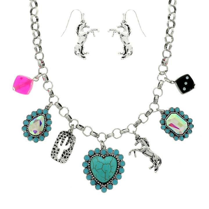 SP Sophia Collection - Wholesale Jewelry Set - Western Theme Jeweled Multi Charm Necklace Set