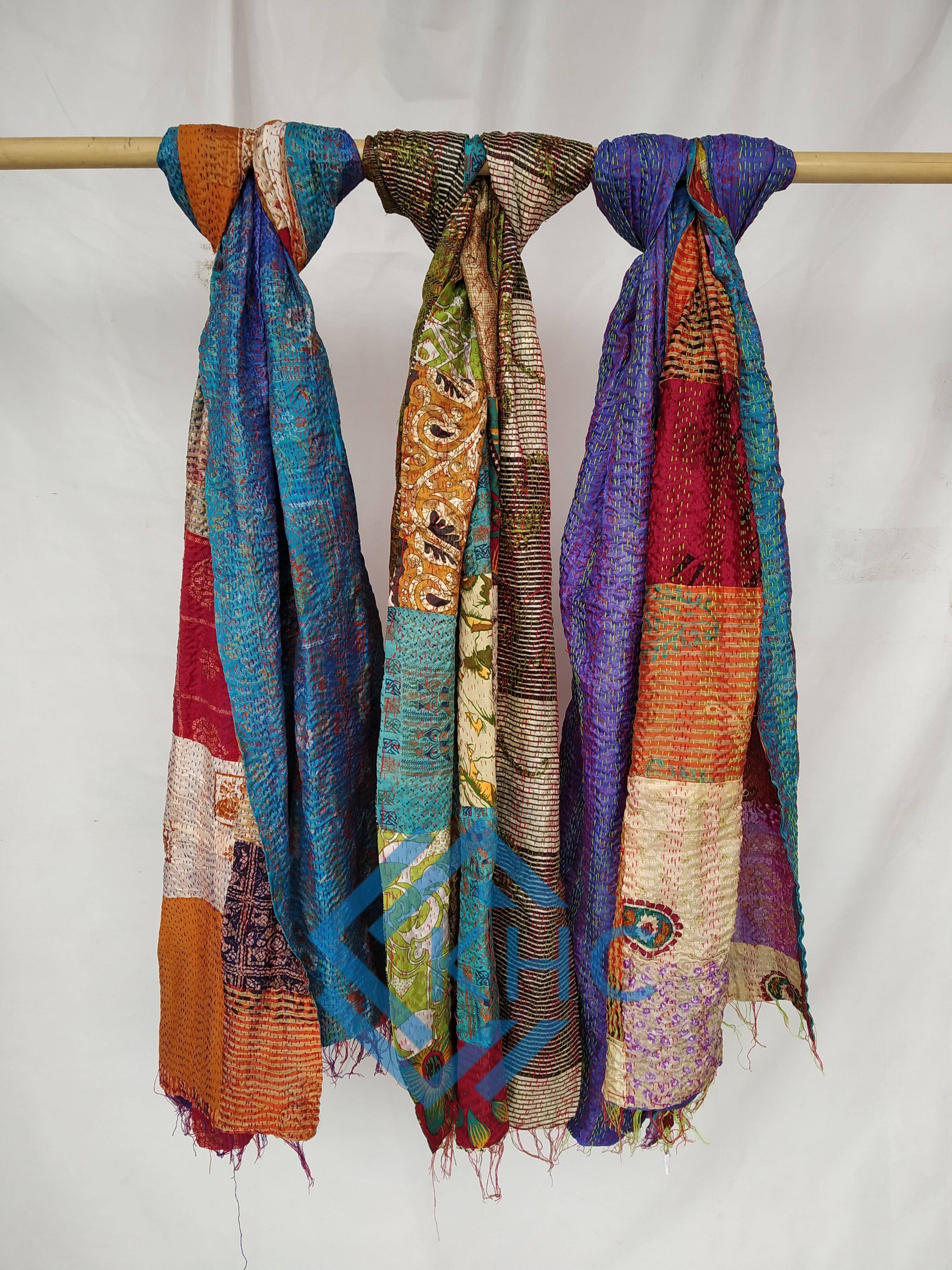 KHC - Wholesale Scarf - Women's - Indian Handmade Kantha Patchwork Silk Scarves Lot Of 5 Pcs0