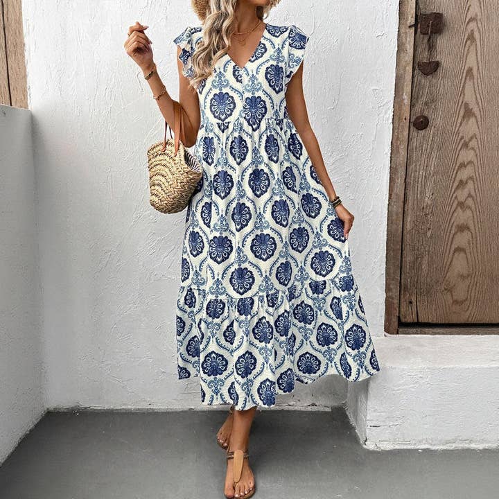 Blue Loose-Fit Deep V-Neck Floral Print Maxi Dress for wholesale on Faire