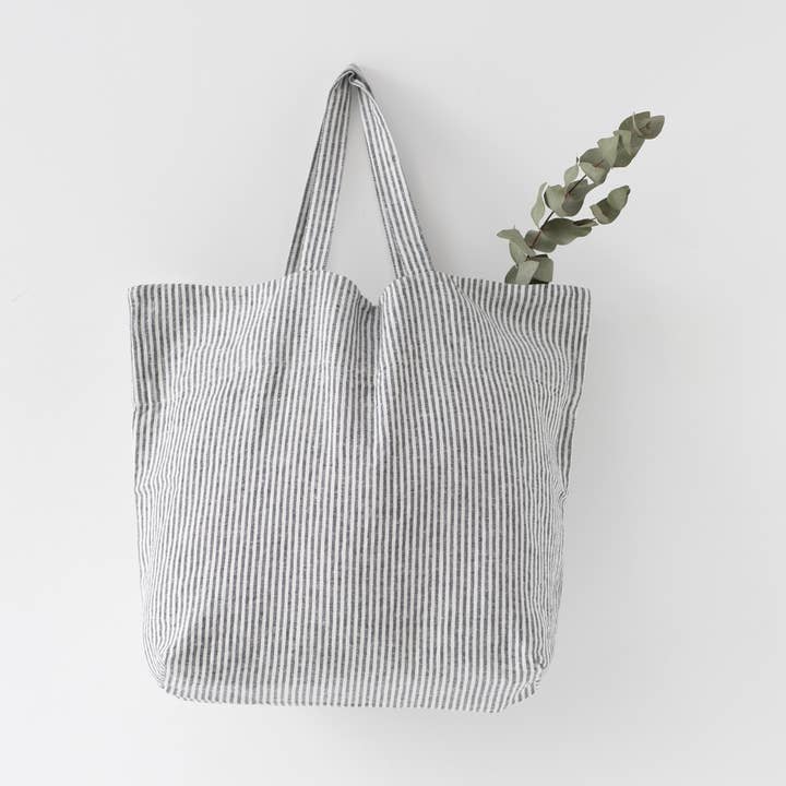 Linen Tales (We cover U.S. import duties) - Wholesale Tote Bag - Women's - Thin Black Stripes Linen Big Bag0