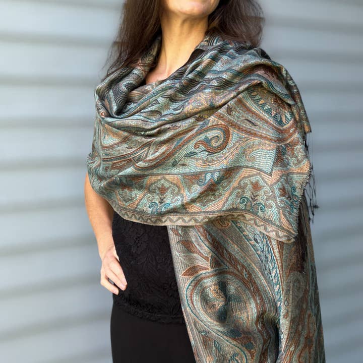 Rayz Intl - Wholesale Scarf - Women's - Teal and Gold Modal Silk Jamawar Pashmina
