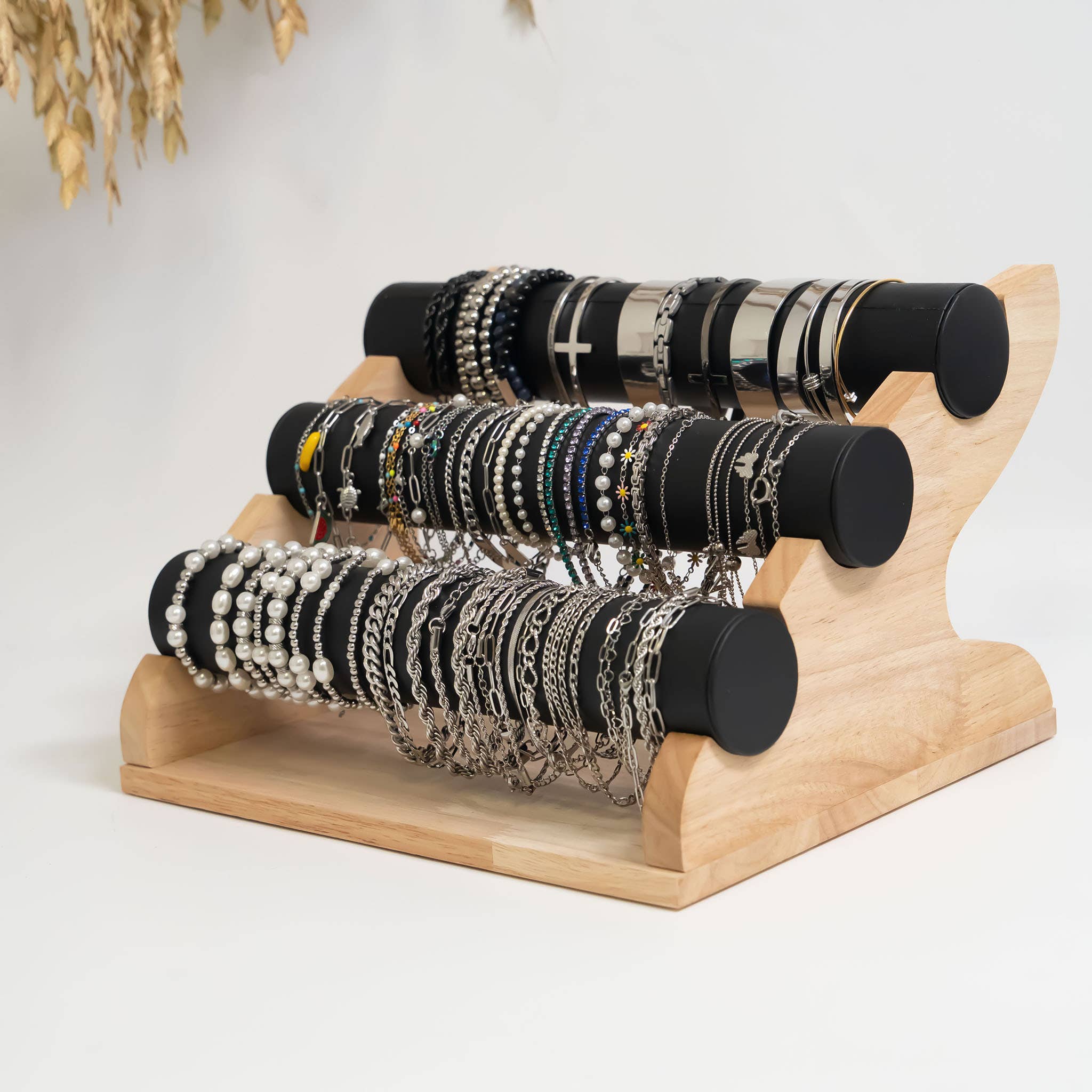 WJW - Wholesale Jewelry Stand & Display - Natural Wood & Leather 3 Tier Bracelet Display7