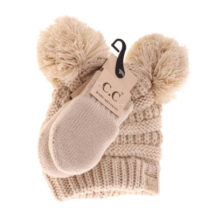 C.C Beanie - Wholesale Beanie - Kids - BABY Solid Knit Double Pom C.C Beanie with Mitten SET BABYSE
