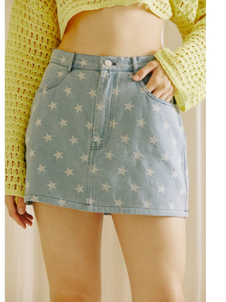JS2950-2- STAR EMBROIDERED PRINT DENIM MINI SKIRT for wholesale by STORIA