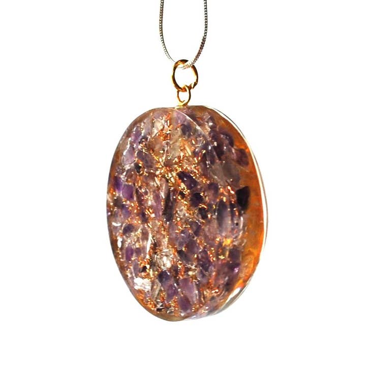 Reiju – Großhandel Kette mit Anhänger/Charm – Orgon-Amethyst-Anhänger mit Blume des Lebens, inkl. versilberter Schlangenkette