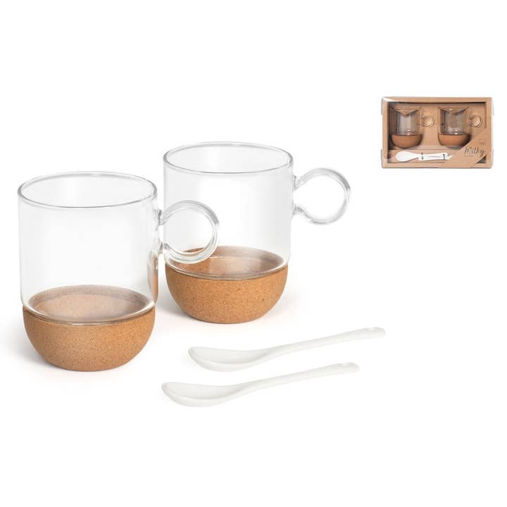 PENGO SPA – wholesale Kaffekoppar – Set med 2 mjölkiga glas-muggar med skedar 270 cc