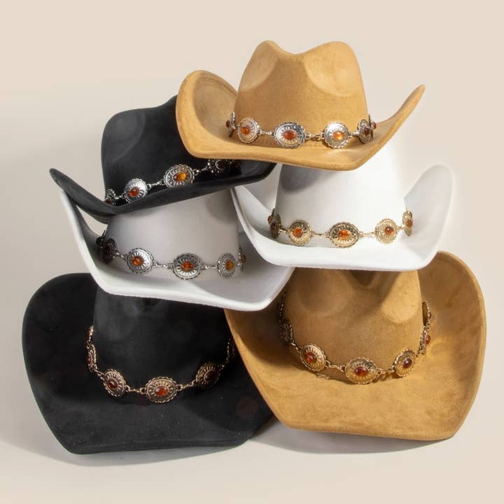 Western Oval Stone Concho Suede Chain-Strap Cowboy Hat for wholesale by Anarchy Street