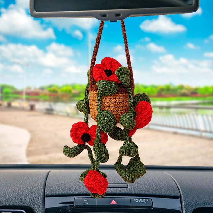 Crochet Poppy Flower Plant Pot Car Mirror Hanging Ornament for wholesale by Anh2 LTD
