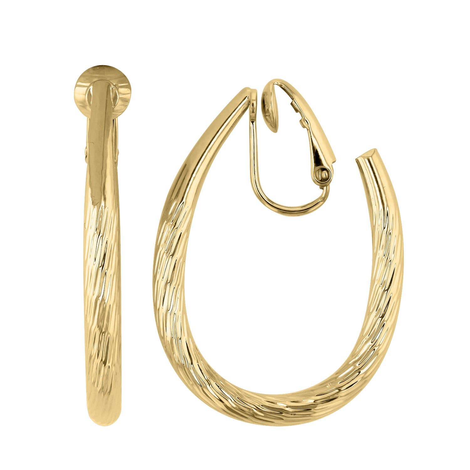Luxe on Main LLC - Wholesale Hoop Earrings - Gold Plated Tapered & Dia Cut 40mm Oval Hoop Clip Earrings0