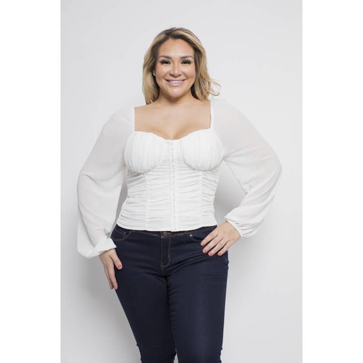 PLUS SIZE CHIFFON RUCHED HOOK EYE CORSET BLOUSE for wholesale by Curve Market